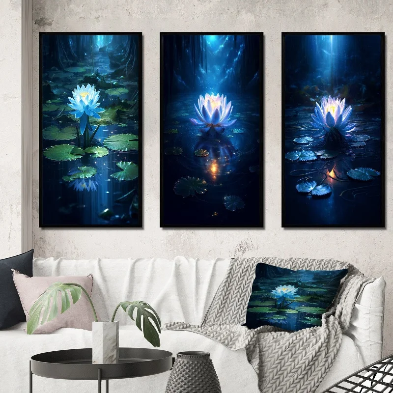 Designart "Blossoming Blue Lotus In Full Moon Pond" Lotus Framed Wall Art Set Of 3 - Modern Gallery Set For Office Decor