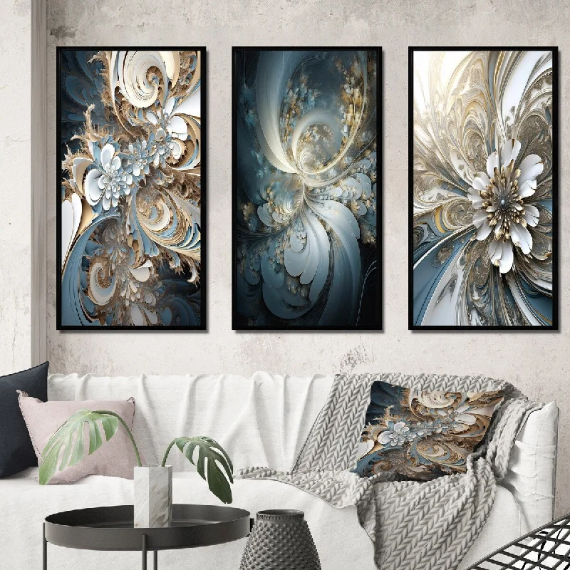 Designart "Blossoming Fractal Flower In White And Blue I" Fractals Frame Gallery Set Of 3 For Office Decor