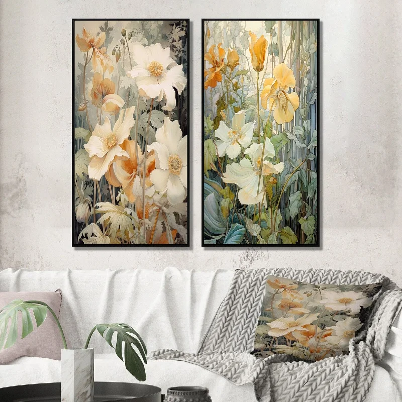 Designart "Blossoming White Wildflowers Retro Illustration I" Wildflowers Wall Art Décor - Traditional Wall Art Set Of 2