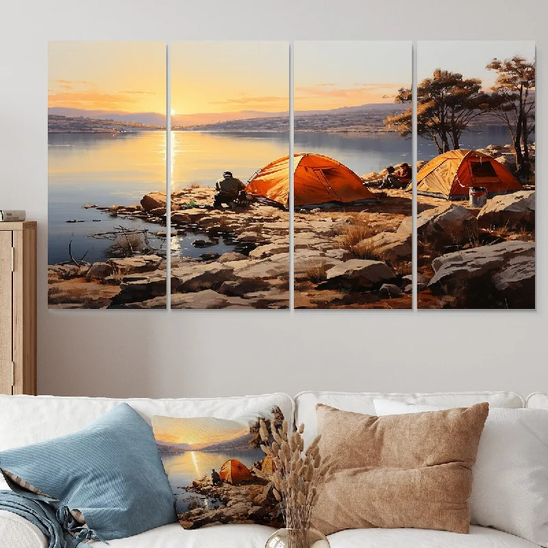 Designart "Camping By The Lake Haven I" Camping Travel Extra Large Canvas Set Of 4 - Oversized Country Wall Art Decor