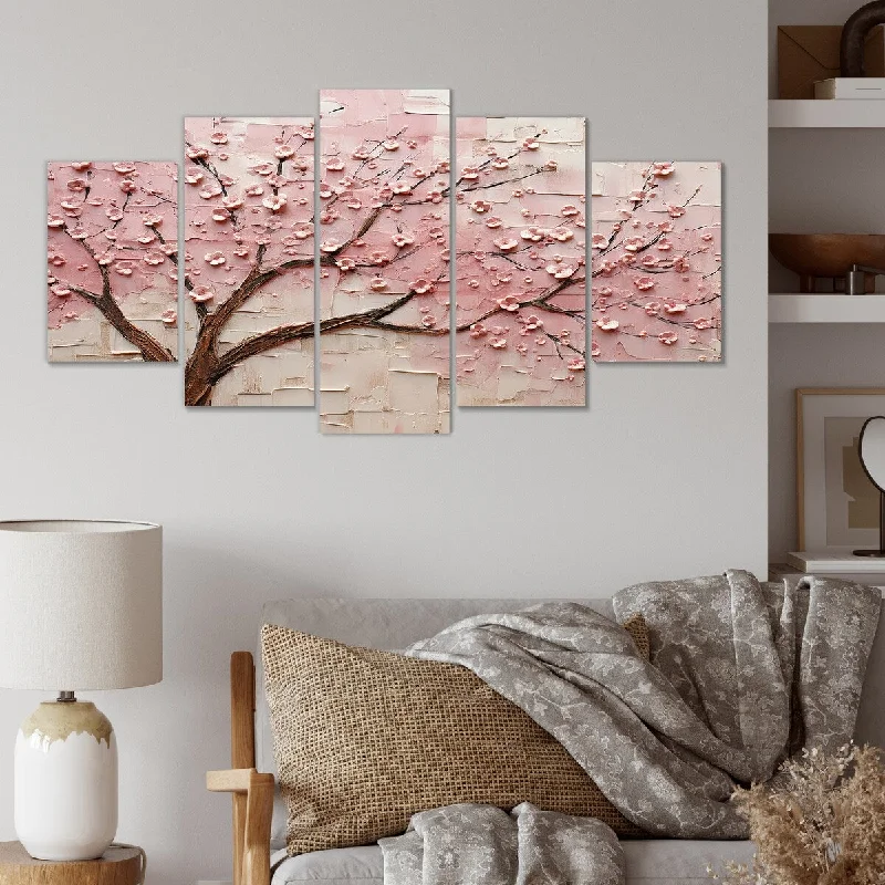 Designart "Cherry Blossom Whisper Pink And White" Flowers Set Of 5 - Traditional Oversized Canvas Art For Bedroom Decor