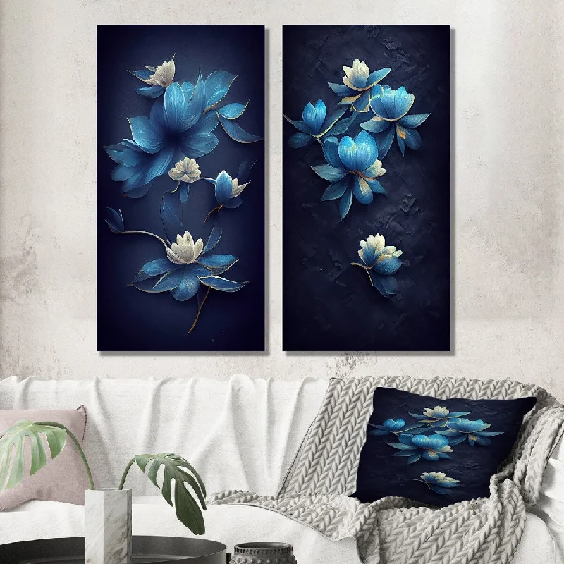 Designart "Chinese Blue And White Flowers I" Floral Wall Art Set of 2 - Traditional Wall Art For Home Decor