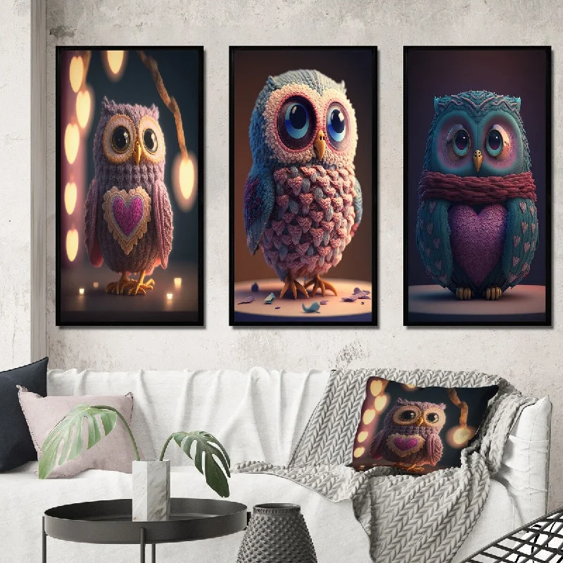 Designart "Cute Knitted Valentine Heart Owl I" Animals Owl Framed Wall Art Set Of 3 - Children's Art For Home Decor