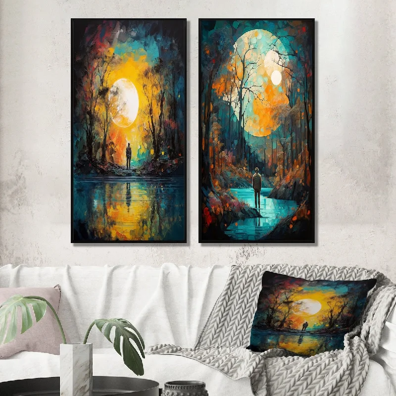 Designart "Full Moon Magic Wandering In The Forest I" Forest Framed Wall Art Set Of 2 Gallery Set For Office Decor