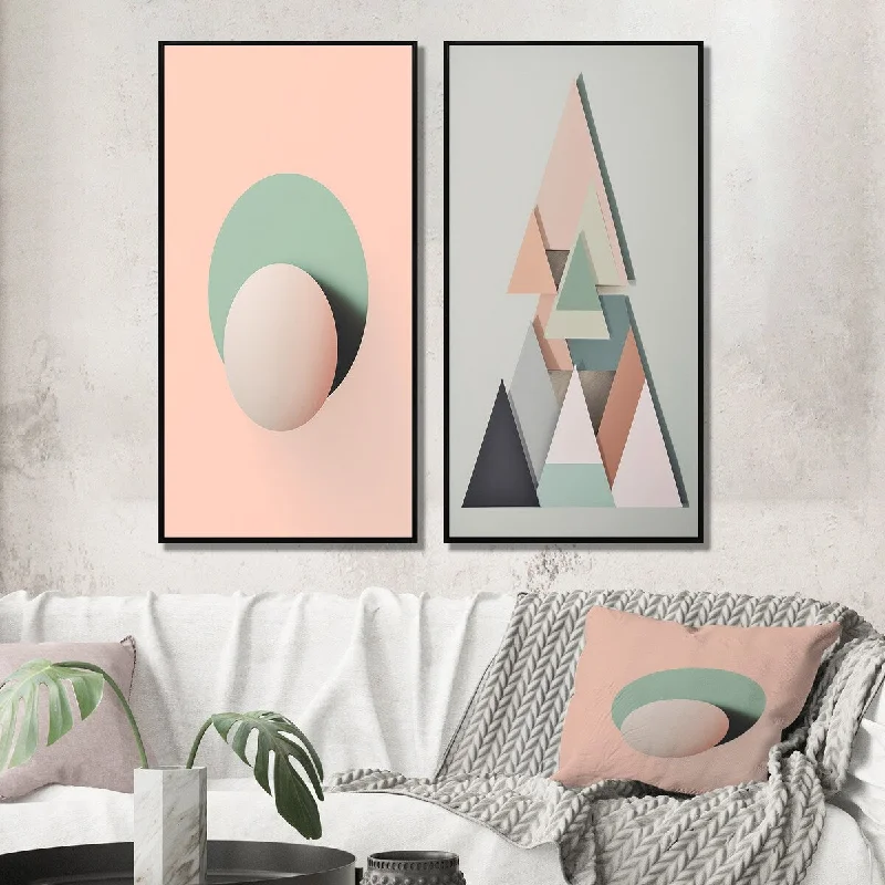 Designart "Geometric Dreaming Retro Minimalism In Pink" Modern Geometric Framed Wall Art Gallery Wall Set Of 2