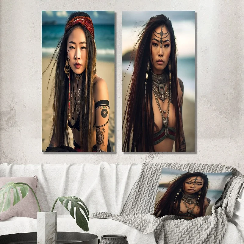 Designart "Gracious Asian Tribal Beach Girl III" Asian Woman Wall Art Set of 2 - Glam Wall Art For Bedroom