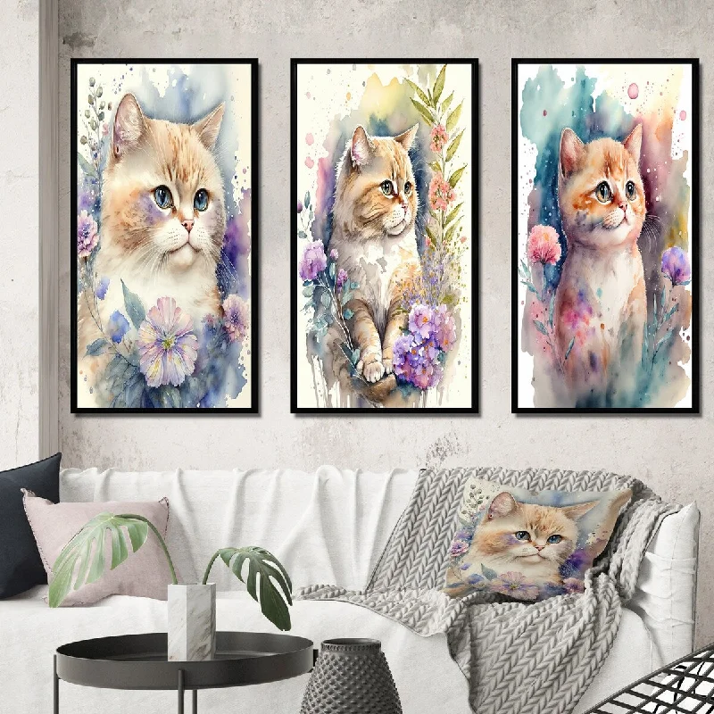 Designart "Little Kitten Surrounded By Colorful Flowers III" Animals Cat Frame Gallery Wall Set Of 3 For Home Decor