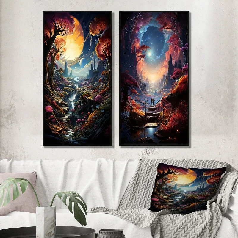 Designart "Magic Walking Towards The Great Mystery V" Abstract Framed Wall Art Set Of 2 Gallery Wall Set For Home Decor