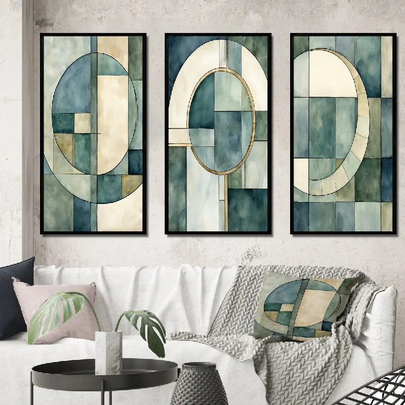 Designart "Midcentury Geometric Moon Dreams Retro Blue II" Abstract Painting Frame Gallery Set Of 3 For Office Decor