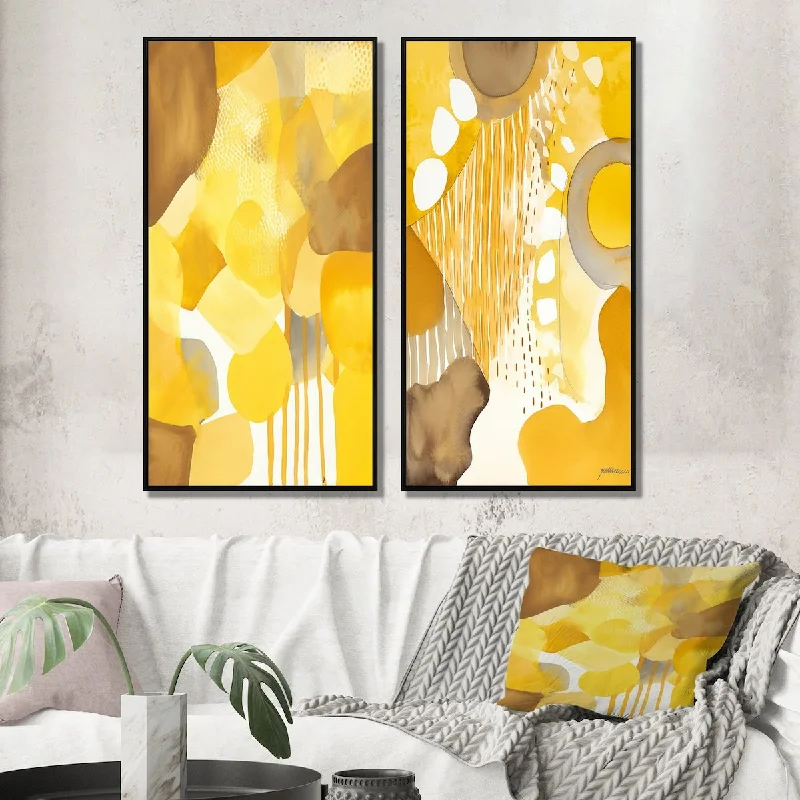 Designart "Mustard Yellow Dreams Retro Watercolor IV" Modern Midcentury Framed Wall Art Set Of 2 For Living Room Decor