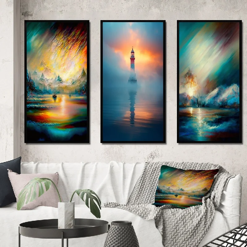 Designart "Mystical Aurora Borealis Arctic Mountains IV" Beach Framed Wall Art Set Of 3 - Coastal For Office Decor