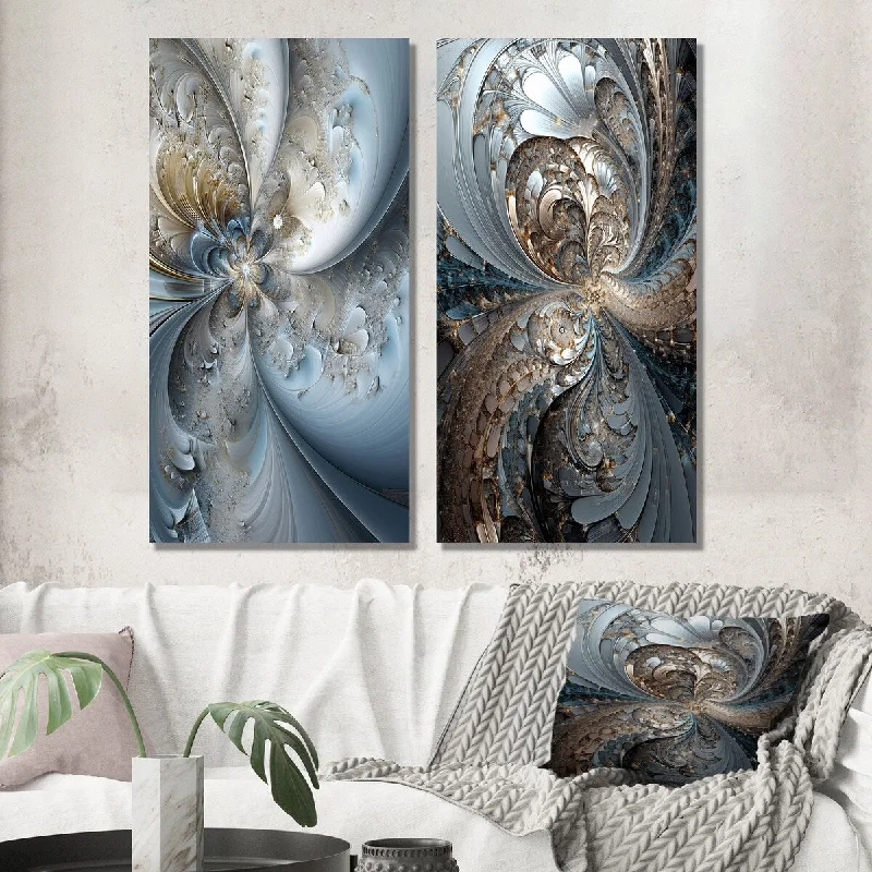 Designart "Mystical Universe In Mysterious Blue And Gold V" Fractals Wall Art Set of 2 - Transitional Living Room Decor