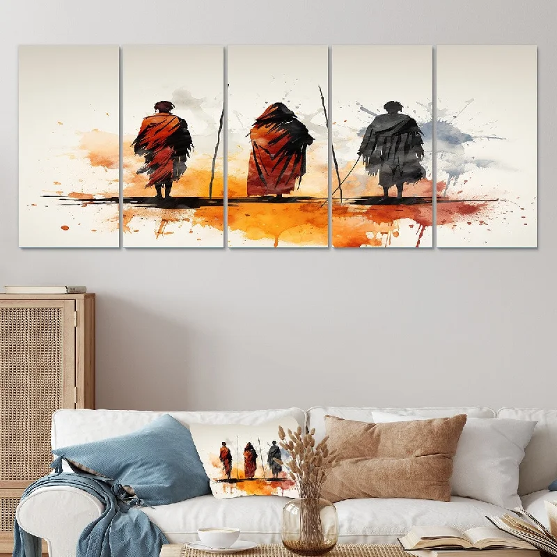 Designart "Orange African Somali Nomadic Tales I" African Tribal Set Of 5 Oversized Canvas Art Print For Home Decor