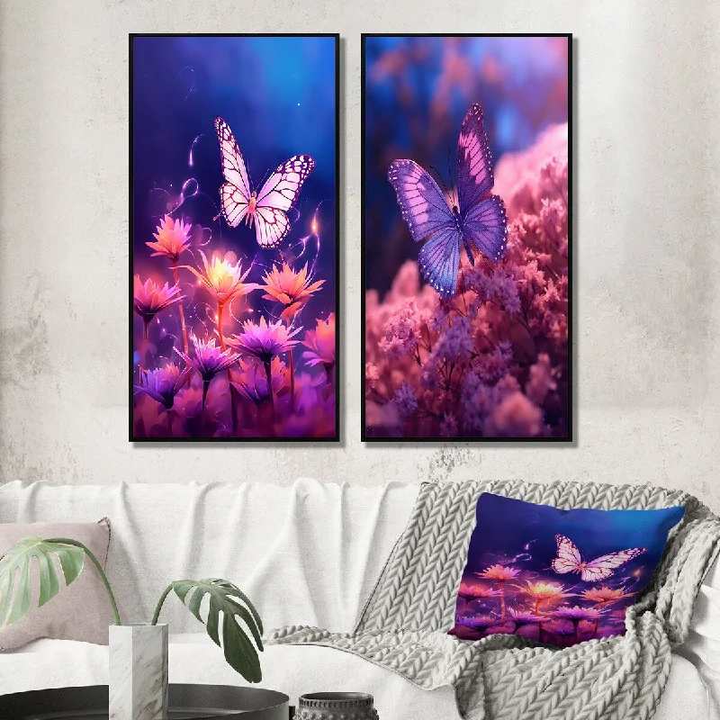 Designart "Pink Butterfly Wonderful Sunset I" Animals Framed Wall Art Set Of 2 Canvas Set For Living Room Decor