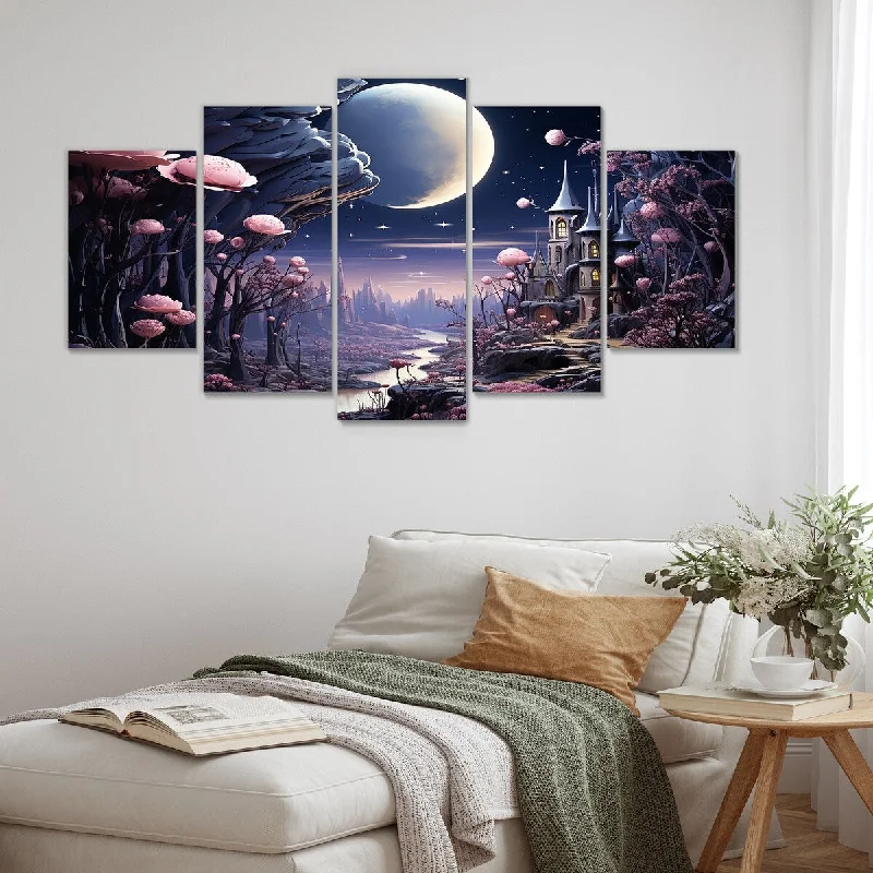 Designart "Pink Mushroom Fantasy Castle Vision" Pink Fantasy Set Of 5 - Glam Oversized Canvas Art For Bedroom Decor