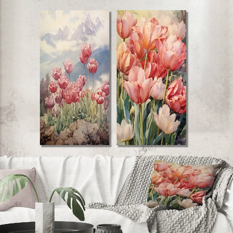 Designart "Retro Blooming Retro Tulips Mountain Flowerfield" Wildflowers Set of 2 - Traditional Wall Art For Bedroom