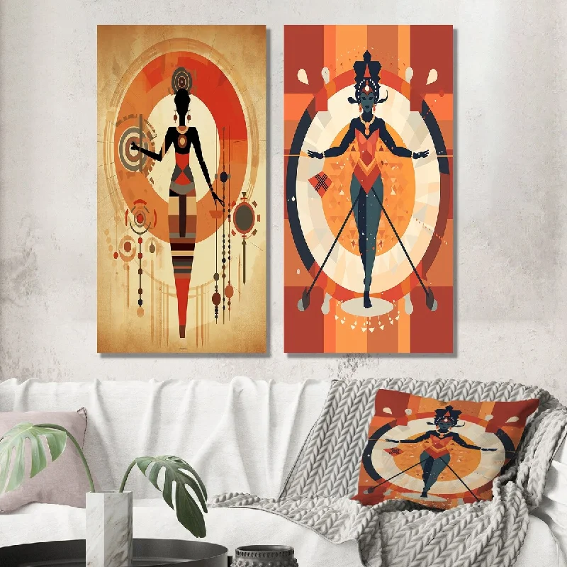 Designart "Tribal Goddess Rhythms In Orange And Red V" Woman Wall Art Set of 2 - Glam Gallery Set For Office Decor