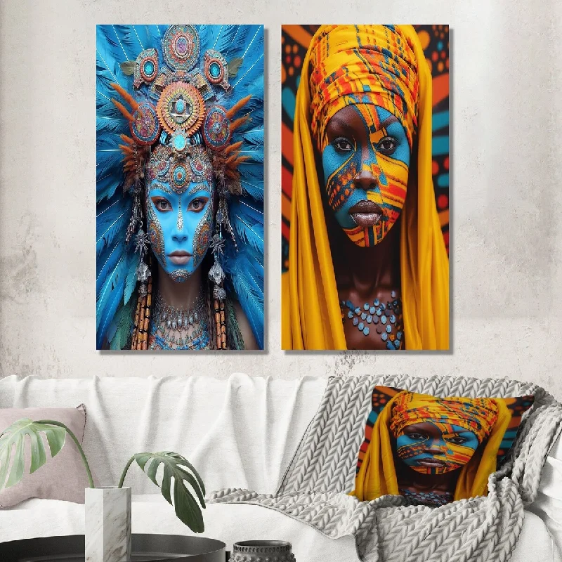 Designart "Vibrant Slavic Spiritual Festive Portraits I" Boho Woman Wall Art Set of 2 - Glam For Living Room Decor