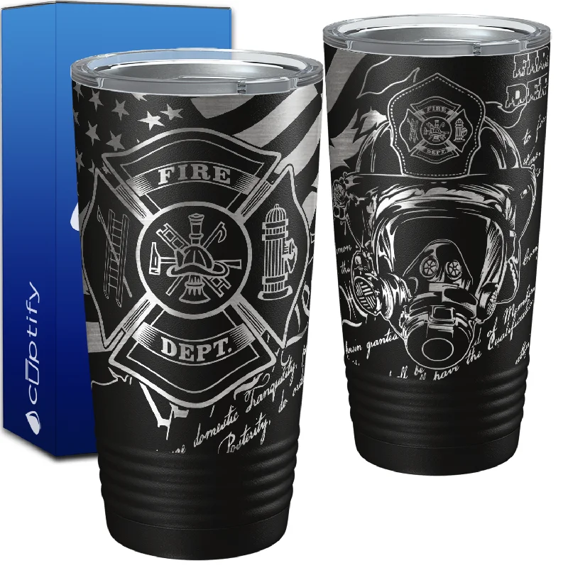 Fire Department Badge on American Flag Engraved Wrap 20oz Black Tumbler