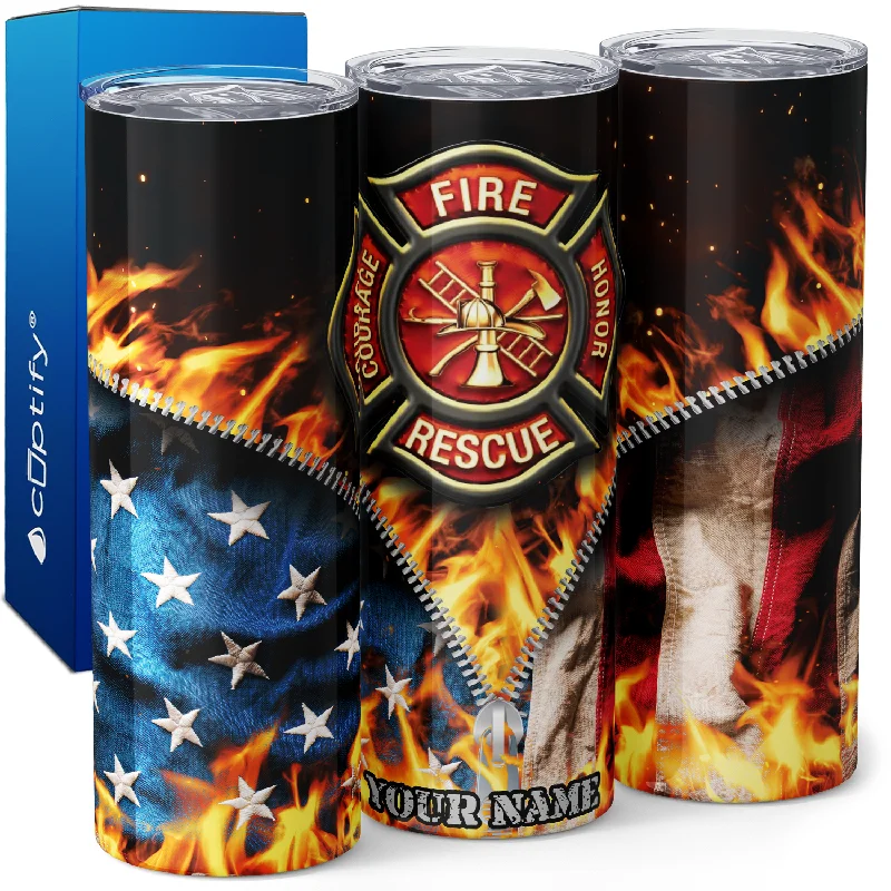 Personalized Firefighter Badge American Flag Zipper 20oz Skinny Tumbler