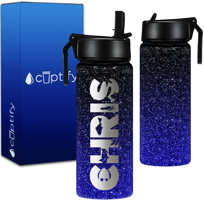 Personalized Name with Icon on Blue Ombre Glitter 18oz Wide Mouth Kids Water Bottle