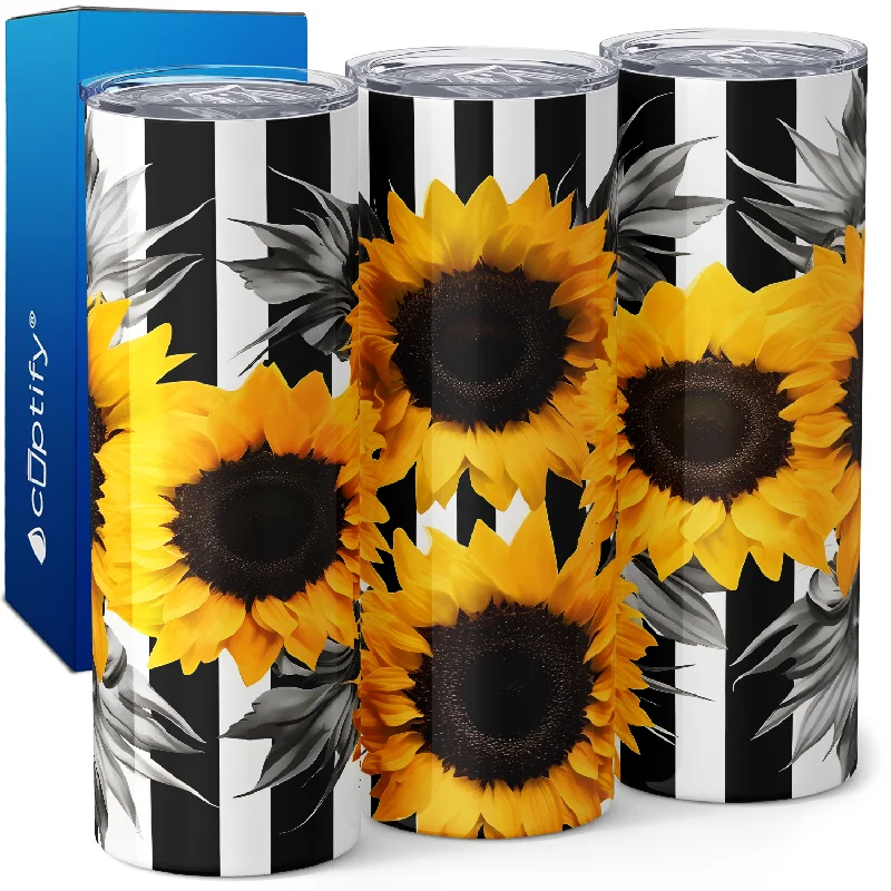 Sunflowers Black and White Stripes 20oz Skinny Tumbler